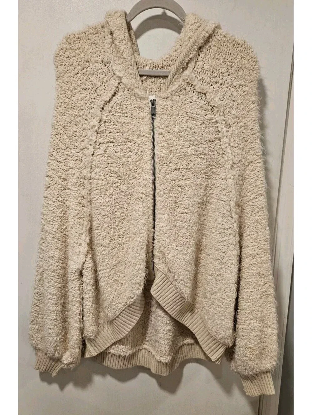 Free People Medium Ivory Furry Time Boucle Hooded Jacket Sweater Soft Beige